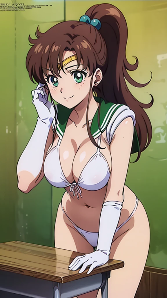 (masterpiece, best quality, high resolution, 2D, anime cels, megami magazine, 8K, Official art, sharp line), EPsmSailorJupiter, 1girl, sailor moon style:1.5, light smile, blush, brown long hair, ponytail, (large breasts:1.2), cleavage, (white bikini), light green sailor collar, (white elbow gloves), (leaning forward:1.5, hands on desk:1.5), desk, chair, (from side:2.0, looking away, cowboy shot, standing), (perfect detailed anatomy, beautiful detailed eyes, beautiful detailed face, perfect body, shiny skin), simple background,
