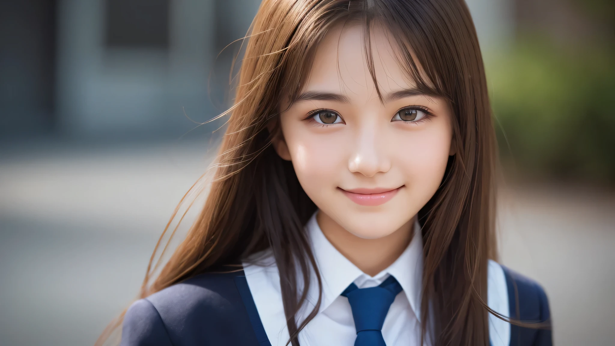 (1girl), (17yo), (young face:1.2), shy smile, (Best Quality:1.4), (Ultra-detailed), (extremely detailed beautiful face), Amazing face and eyes, brown eyes, (highly detailed Beautiful face), (high school uniform:1.2), (extremely detailed CG unified 8k wallpaper), Highly detailed, High-definition raw color photos, Professional Photography, Realistic portrait, Extremely high resolution, cute smiling,