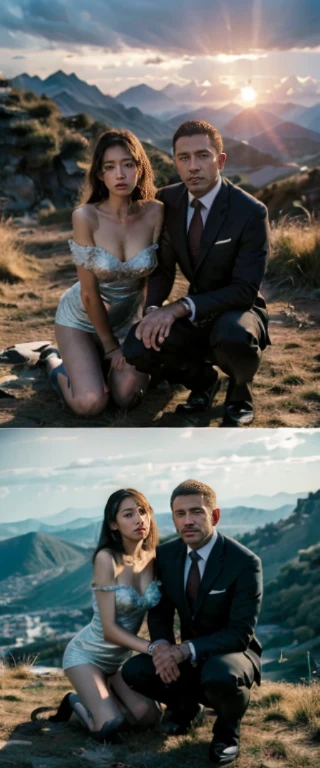ban nsfw，original photo，depth of field，dramatic，(Real movie stills:1.3)，(best quality, high resolution:1.2), Super detailed details, (actual、lifelike、Realism:1.3), Inspired by the 007 movie，at sunset，spectacular cloud formations，top of mountain，full body portrait，A beautiful and handsome couple，Woman kneeling at the man&#39;s feet, The woman&#39;s hair is very messy，sophisticated evening gown，The atmosphere of the battle, Threatening atmosphere, close up, Perfect body，性感的long legs，long legs，Highly detailed facial details,  real background，背景在top of mountain，Stills from the real 007 movie，Movie plot，The man stands next to the woman，Man grabbing woman&#39;s head，(sharp focus:1.2), Very detailed, (lifelike:1.4), (The original image, 8K high resolution:1.2), RAW candid movies, 16 mm, Color graded Portra 400 film, Surreal, subsurface scattering, Ray tracing, (Volumetric lighting)，((Two men in suits behind the woman))