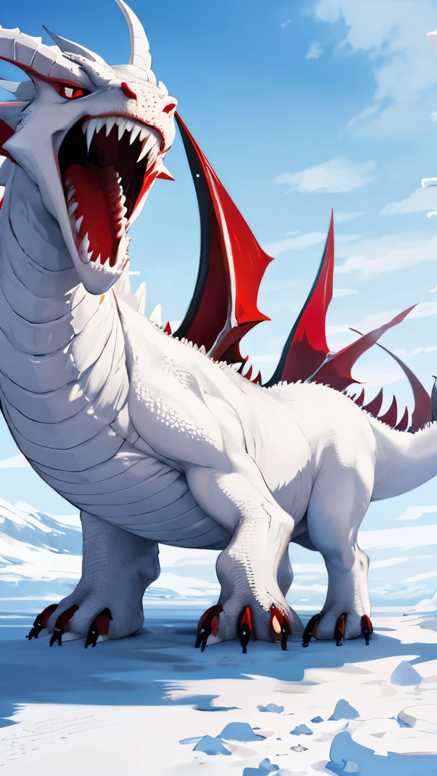 Giant Dragon,White dragon, at the north pole, snow, red eyes, scary, big, attacking