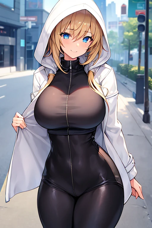 1girl, hood, jacket, hooded jacket, hood on, hood up, blonde hair, large breasts, breasts, wide hips, thick thighs, hourglass figure, white jacket, black shirt, shirt, very short hair, pants, black pants, smile, toned, toned female, urban, mature female, tall, tall female, tomboy, cropped jacket, ((cropped jacket))