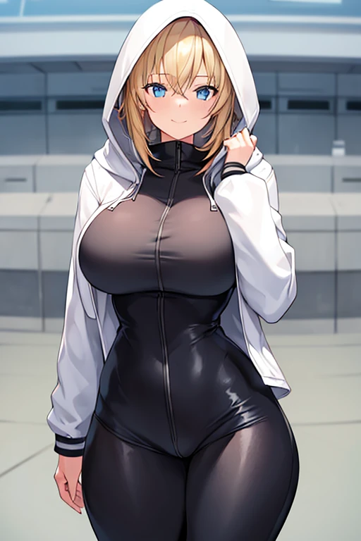 1girl, hood, jacket, hooded jacket, hood on, hood up, blonde hair, large breasts, breasts, wide hips, thick thighs, hourglass figure, white jacket, black shirt, shirt, very short hair, pants, black pants, smile, toned, toned female, urban, mature female, tall, tall female, tomboy, cropped jacket, ((cropped jacket))