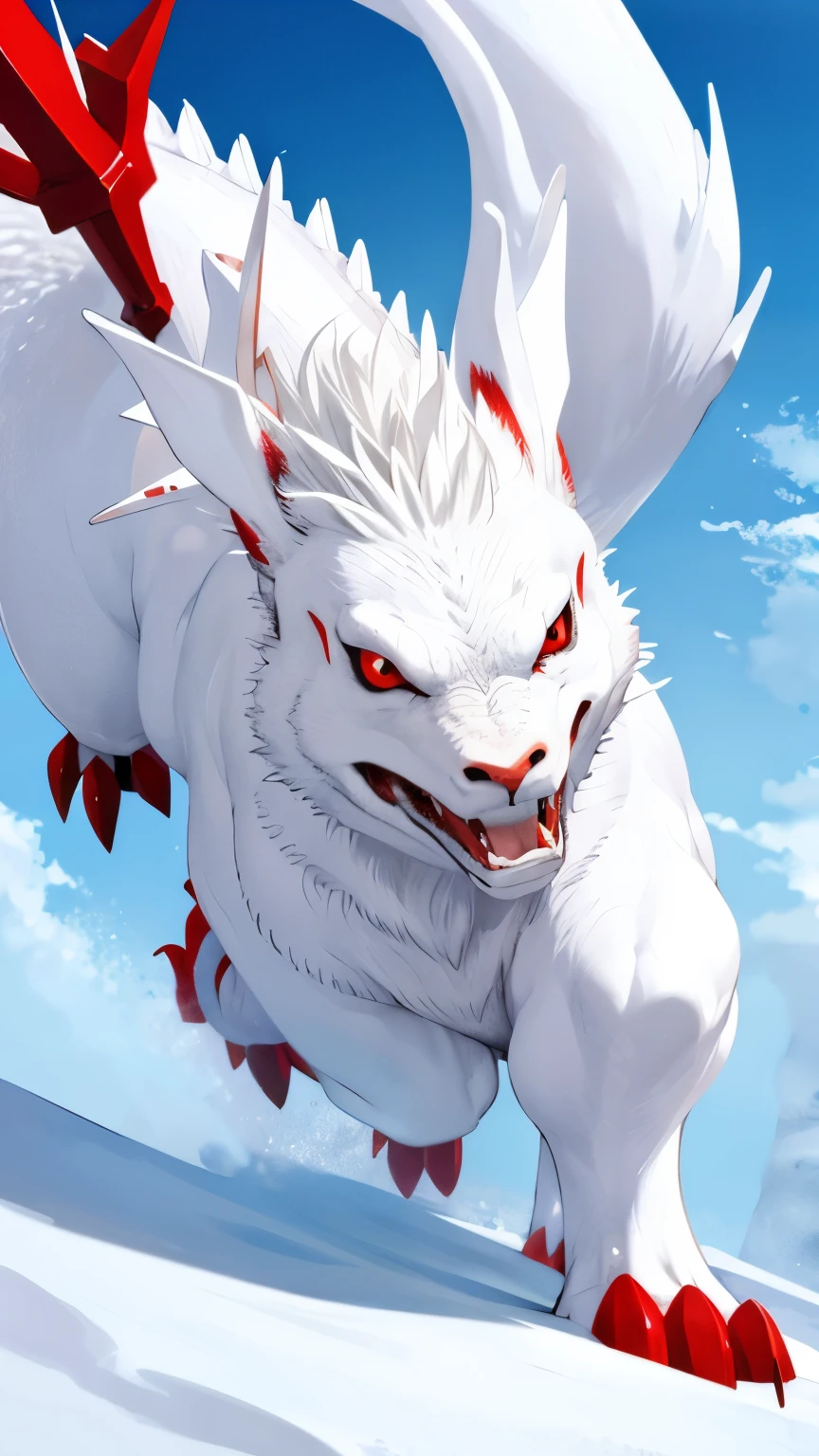 White dragon, at the north pole, snow, red eyes, scary, big, attacking