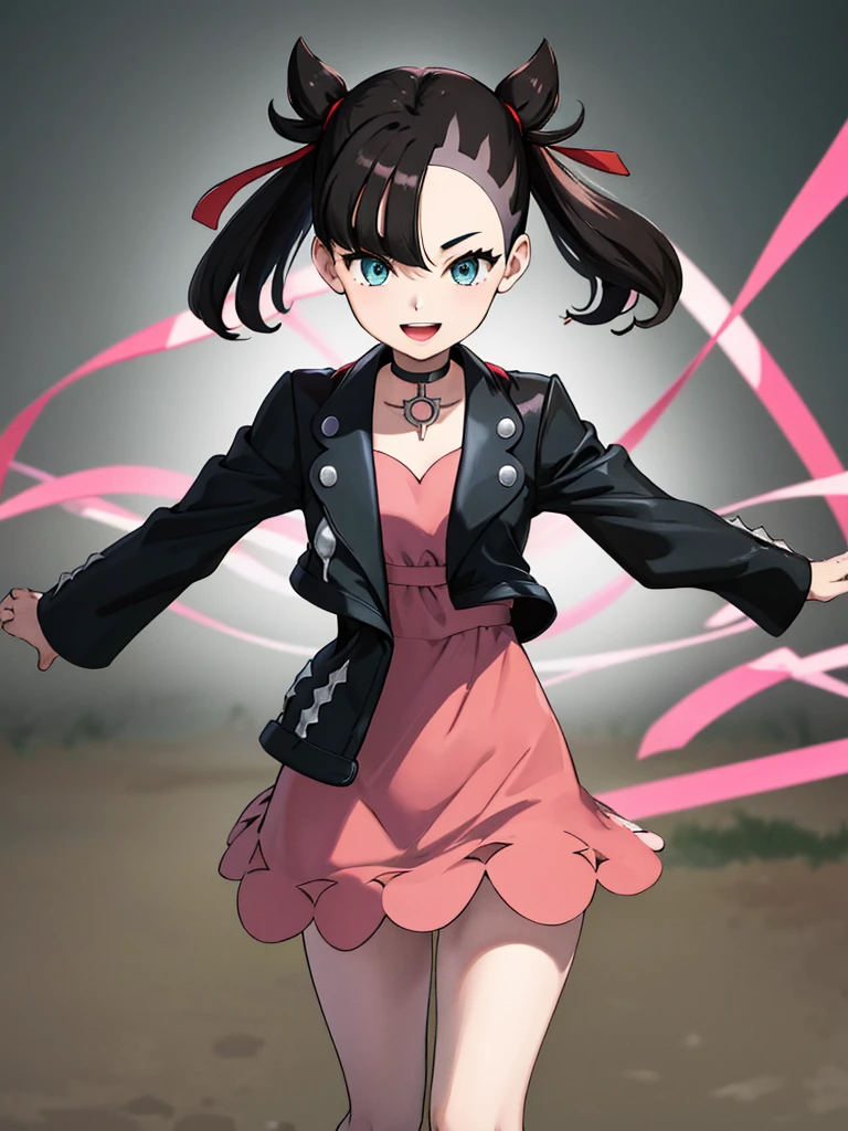 masterpiece, best quality, highres, marnie, aqua eyes, black choker, red ribbon, pink dress, jewelry, black jacket, open clothes, long sleeves, cowboy shot, standing, field, holding poke ball, poke ball \(basic\), smile, open mouth,