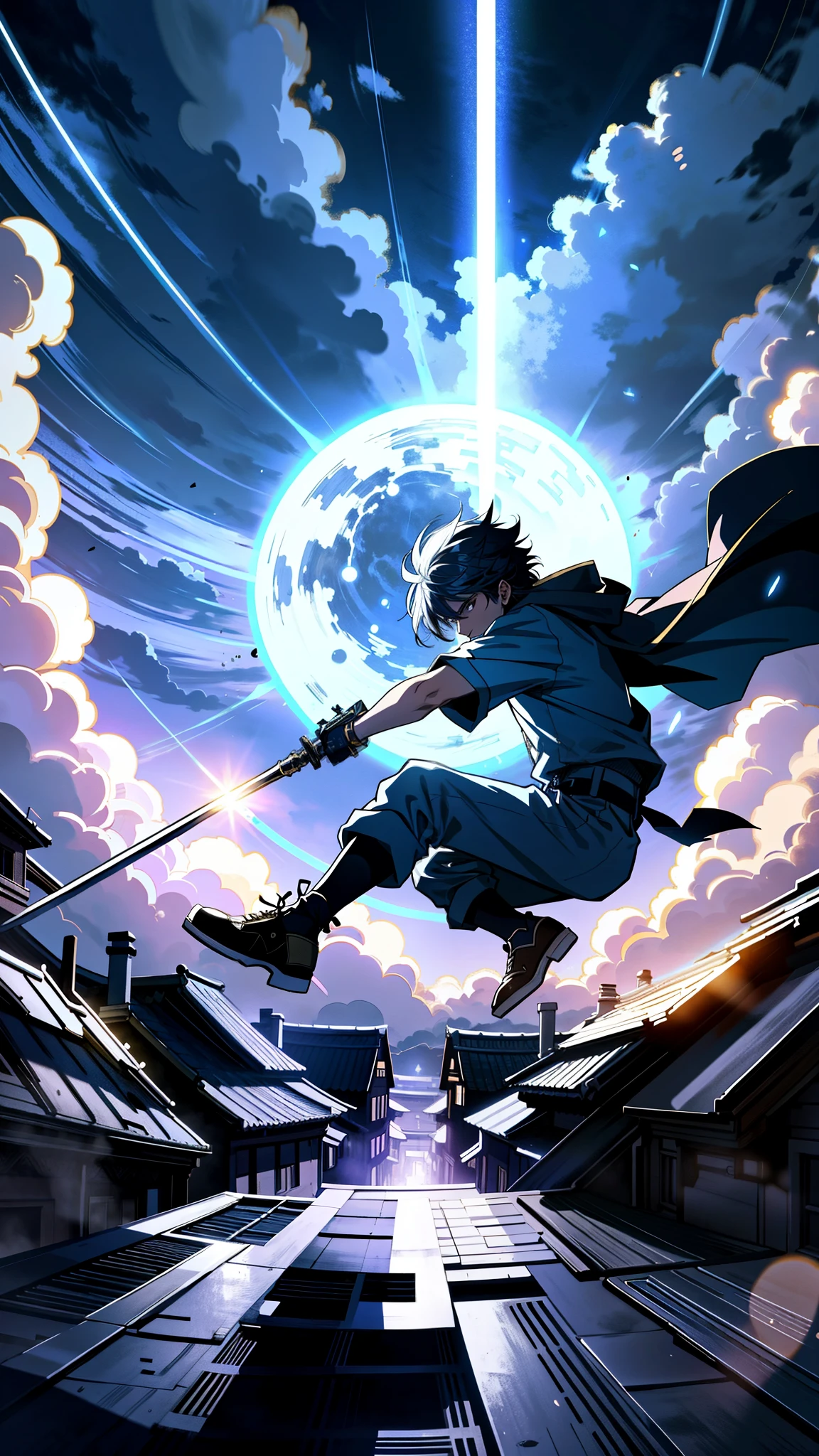 boy warrior wielding a gleaming sword, leaping across the rooftops under the radiant light of a full moon, casting dynamic shadows in the night, intense, dramatic, high contrast, abasterpiece)), ((best quality)), ultra detailed,((illustration)), dynamic angle, detailed light, (delicate eyes), (ahoge:0.8),apathy, ray，frontage，style of anime4 k， 4k anime wallpaper， badass anime 8 k， 4 k comic wallpaper