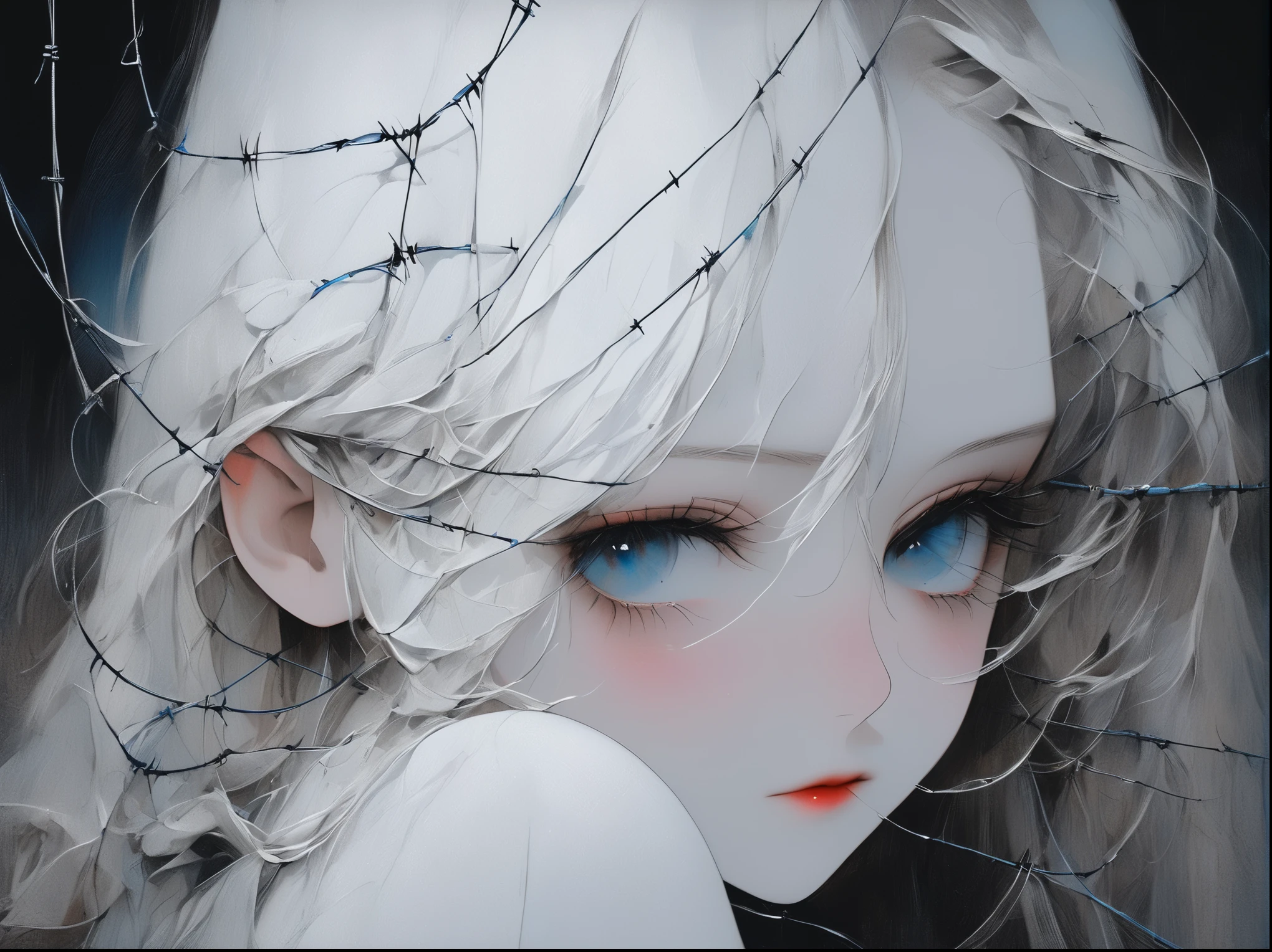 Hermosa joven de pelo blanco con penetrantes ojos rojo y azul, media sonrisa con labios carnosos, black nails, barbed wires everywhere(coiled black barbed wires),read eyes,blue eyes, (ojos diferentes), (heterochromia)