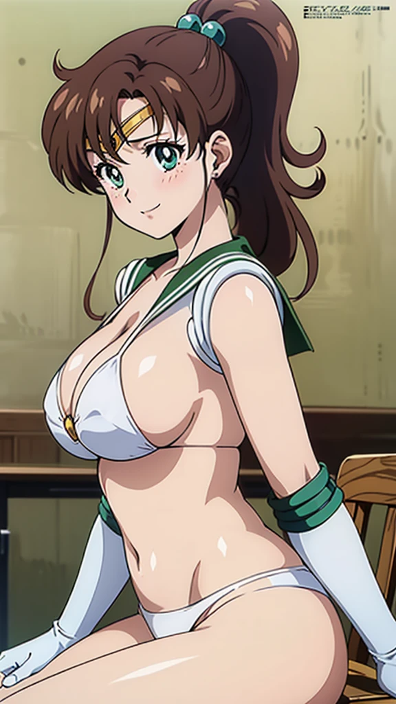 (masterpiece, best quality, high resolution, 2D, anime cels, megami magazine, 8K, Official art, sharp line), EPsmSailorJupiter, 1girl, sailor moon style:1.5, light smile, blush, brown long hair, ponytail, (large breasts:1.2), cleavage, (white bikini), light green sailor collar, (white elbow gloves), desk, on stomach, chair, (from side:1.5, cowboy shot, sitting), (perfect detailed anatomy, beautiful detailed eyes, beautiful detailed face, perfect body, shiny skin), simple background,