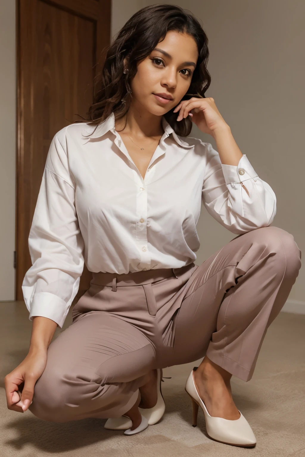 Create a photorealistic image of a mulatto woman, about 35 years old, black western eyes, short wavy dark hair. She wearing a business suit, light pink blouse and ivory formal pants. beautiful shoes. very careful and realistic hand. The image is taken as she types something and looks at the camera. The background should be plain white. She weighs 70 kilos and is 1.60kg --ar 2:3 --s 250 --v 5.2