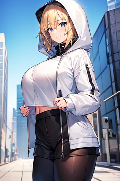 1girl, hood, jacket, hooded jacket, hood on, hood up, blonde hair, large breasts, white jacket, black shirt, shirt, very short hair, pants, black pants, smile, urban, tall, tall female, tomboy, cropped jacket, ((cropped jacket))