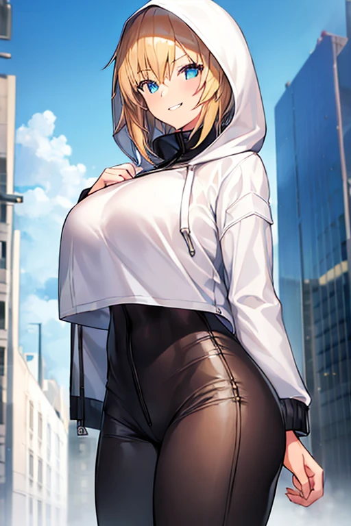 1girl, hood, jacket, hooded jacket, hood on, hood up, blonde hair, large breasts, white jacket, black shirt, shirt, very short hair, pants, black pants, smile, urban, tall, tall female, tomboy, cropped jacket, ((cropped jacket))