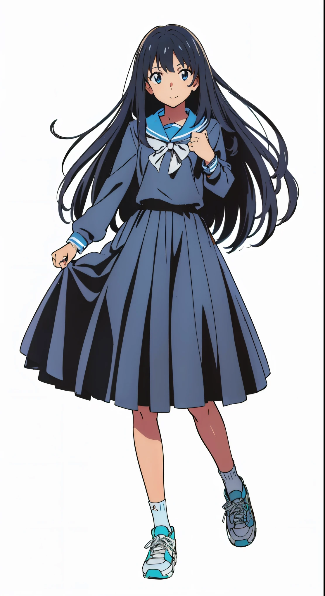 (cheerful:1.5), (light smile:1.5), (white background:1.0), (best quality:1.0), (masterpiece:1.0), (super fine illustration:1.0), (beautiful artwork:1.0), (anime screencap:1.0), (official art:1.0), (solo:1.0), (JHSGA:1.0), (a 15yo cute girl:1.0), (long skirt:1.0), (dark blue skirt:1.0), (pleated skirt:1.0), (dark blue sailor uniform:1.0), (long sleeve sailor uniform:1.0), (sneakers:1.0), (white socks:1.0), (ideal ratio body proportions:1.0), (lanky:1.0), (tall:1.0), (slender:1.0), (small breasts:1.0), (smaller face:1.0), (tareme:1.0), (detailed beautiful eyes:1.0), (detailed beautiful face:1.0), (glowing black eyes:1.0), (medium hair:1.0), (black hair:1.0)