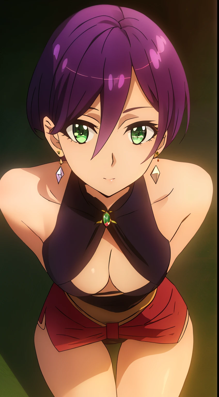 masterpiece, highest quality, High resolution,1 girl, alone, short_hair, green_eye, hair_between_eye, jewelry, purple_hair, earrings, stylish pose,looking at the viewer,in the center of the image,  (beautiful_medium breasts:1.3), (beautiful_face:1.2),(slim_waist),(beautiful_thighs:1.1),