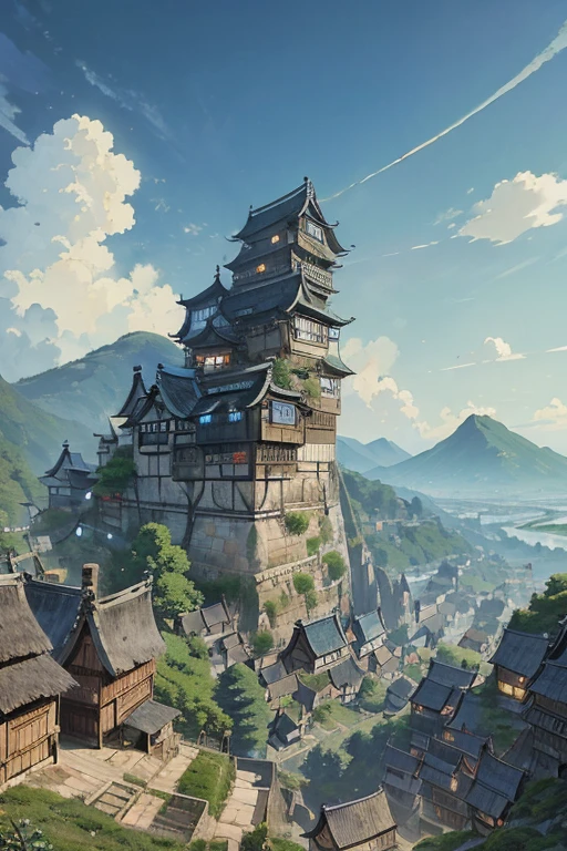 big fantasy town up on the mountain, thatched roofs, early medieval wooden houses, overpopulated town on a rocky cliff, tightly packed houses, narrow passages, tight spaces, clustered settlement, (((by Hayao Miyazaki)))