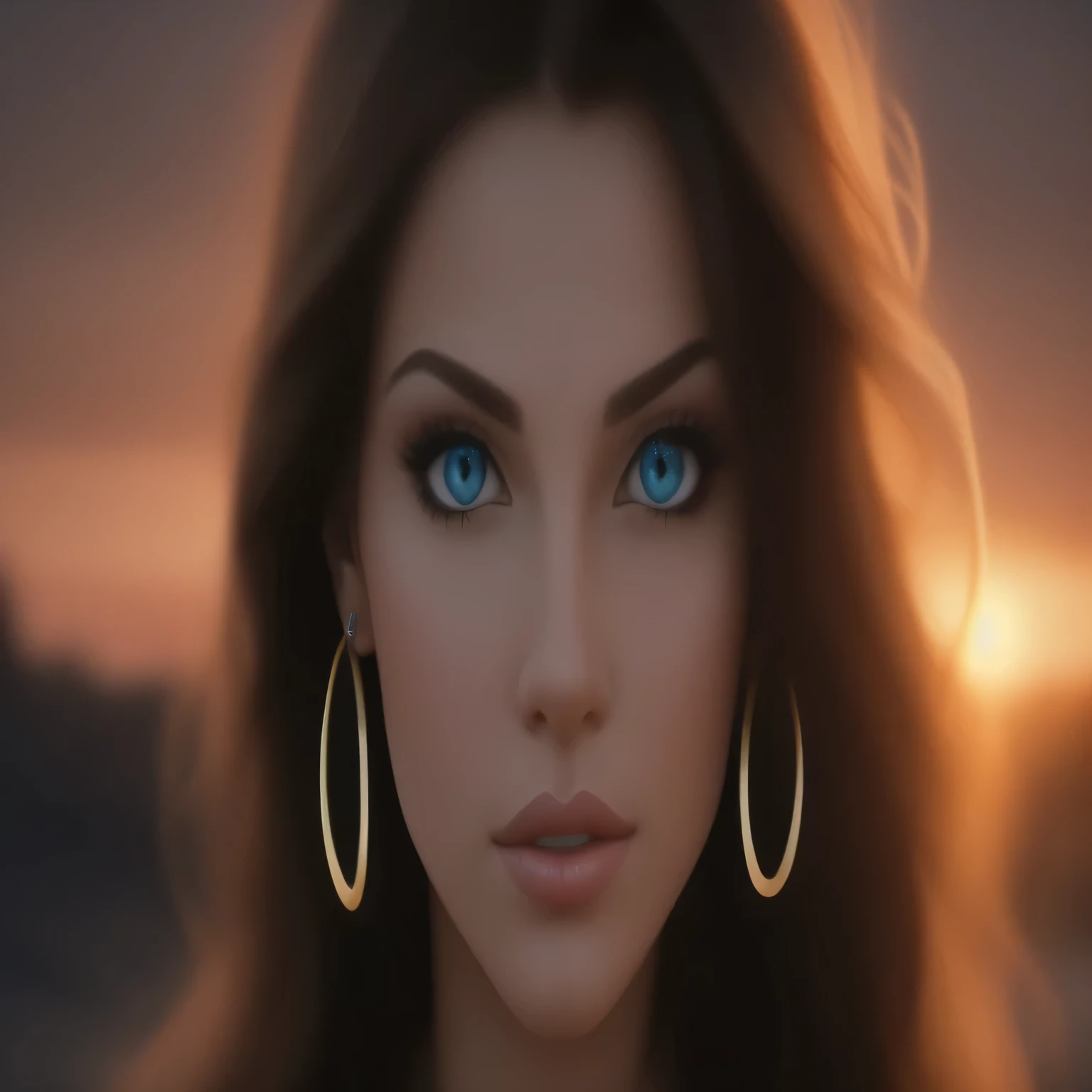 un gros plan d'une femme aux yeux bleus et une paire de boucles d'oreilles en or, Realistic 4k digital art, photo Realistic 4k, beau visage Realistic, digital fantasy portrait, beautiful sunset, Realistic, Detailed attractive face, un portrait d'une fille aux yeux bleus, skin detail, 4K, Very detailed portrait, beautiful detailed mouth, very detailed blue eyes, Detailed Hair,