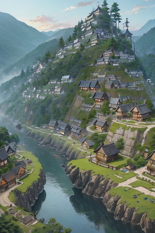 big fantasy town up on the mountain, thatched roofs, early medieval wooden log houses, overpopulated town on a rocky cliff, tightly packed houses, narrow passages, tight spaces, clustered settlement, (((by Hayao Miyazaki)))