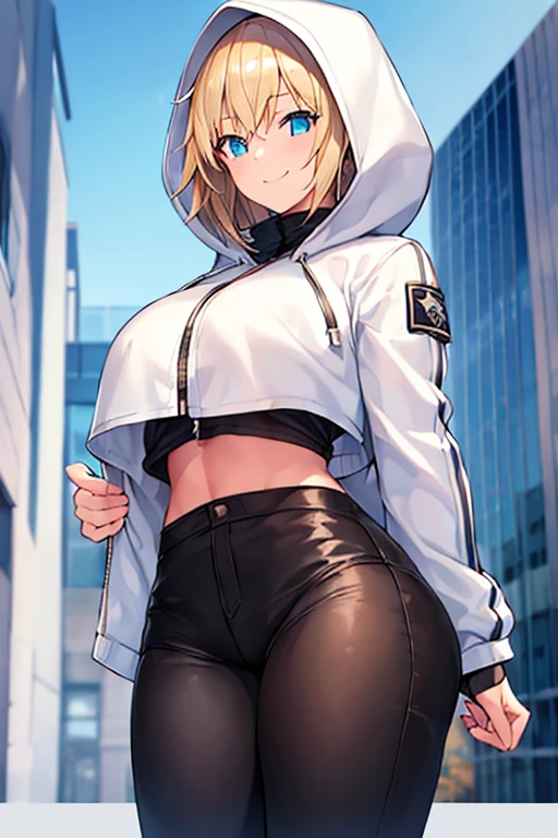 1girl, hood, jacket, hooded jacket, hood on, hood up, blonde hair, large breasts, breasts, wide hips, thick thighs, hourglass figure, white jacket, black shirt, shirt, very short hair, pants, black pants, smile, toned, toned female, urban, mature female, tall, tall female, tomboy, cropped jacket, ((cropped jacket))
