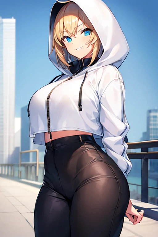 1girl, hood, jacket, hooded jacket, hood on, hood up, blonde hair, large breasts, breasts, wide hips, thick thighs, hourglass figure, white jacket, black shirt, shirt, very short hair, pants, black pants, smile, toned, toned female, urban, mature female, tall, tall female, tomboy, cropped jacket, ((cropped jacket))
