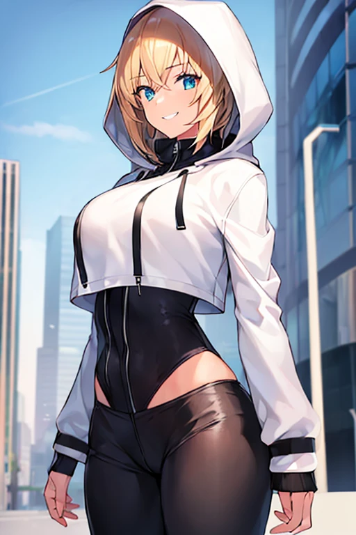 1girl, hood, jacket, hooded jacket, hood on, hood up, blonde hair, large breasts, white jacket, black shirt, shirt, very short hair, pants, black pants, smile, urban, tall, tall female, tomboy, cropped jacket, ((cropped jacket))