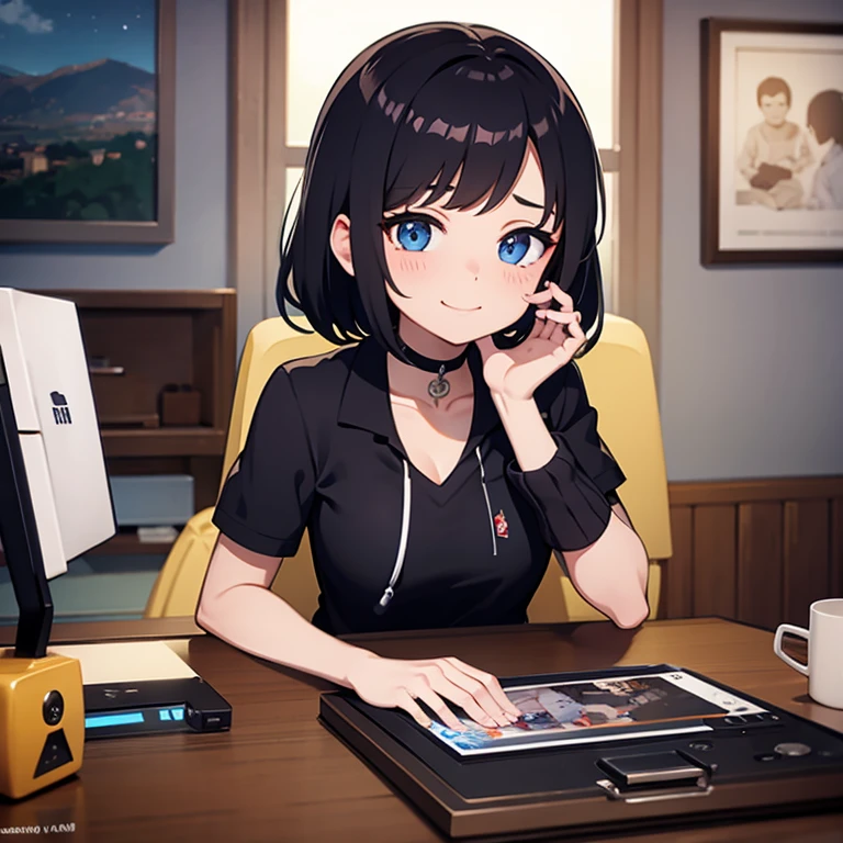 A little bratty girl sat on a computer with a smug face, black hair, short body