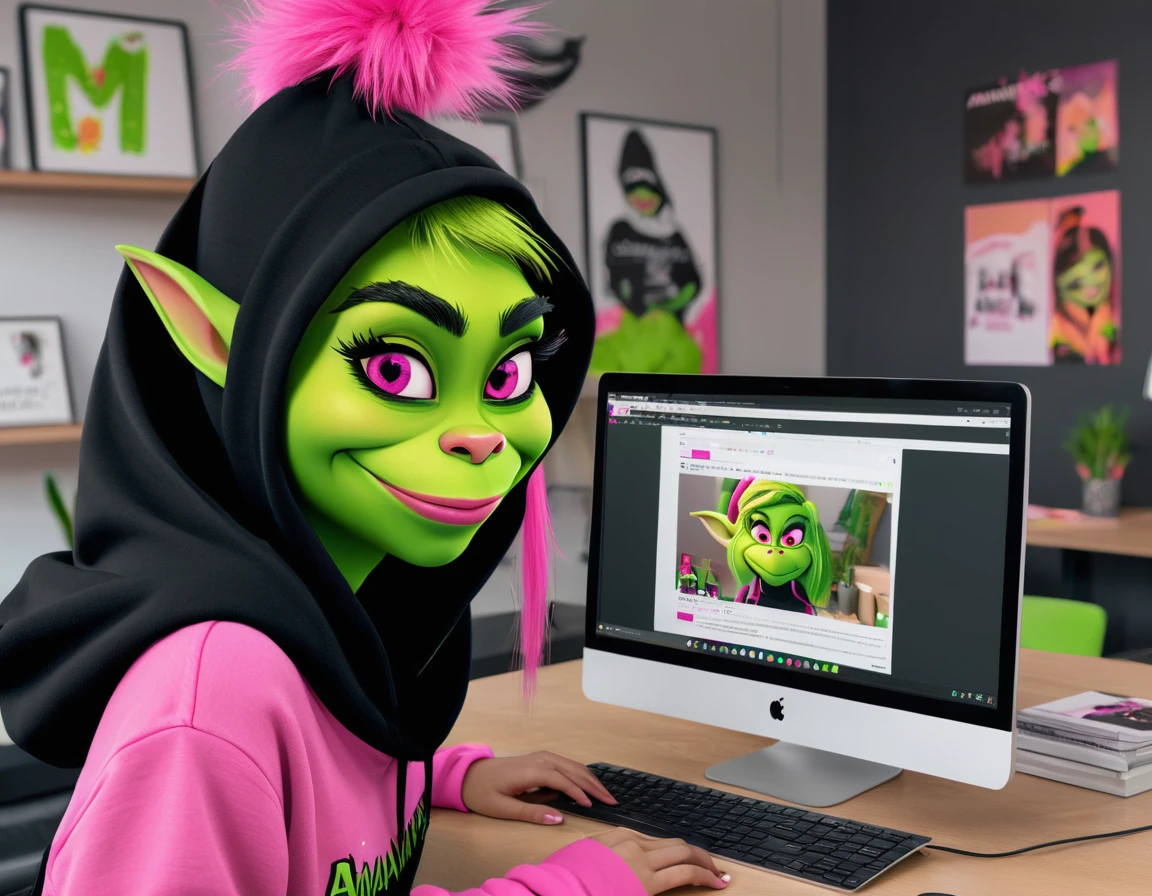 Creates an image of the Girl Grinch character looking back with eyelashes smiling, dressed in a black hoodie, with pink letters that correctly spell "Amankai" on the back, stealing AI art images from a computer. She typing on a desktop computer in a room.