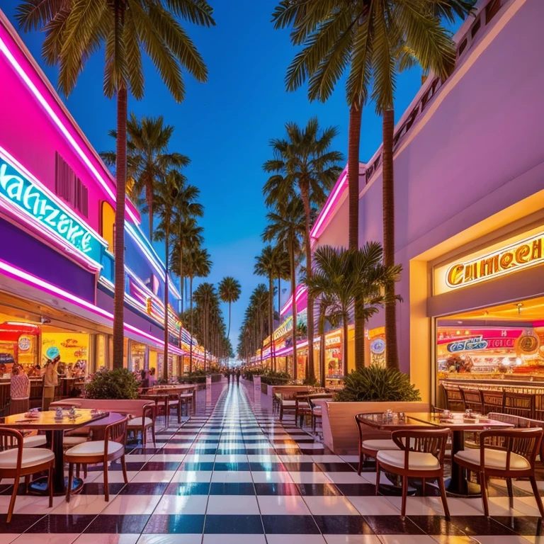 Create a realistic liminale space, vintage 80's shopping mall, neon, a restaurant of pizza, with some decorative palm trees, checkerboard tiles floor, without someone, show the nostalgia and the ephemeral life