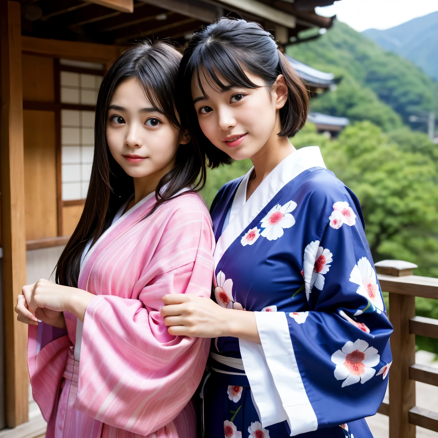 Best-quality, Masterpiece, Ultra-High-Resolution, (Photorealistic:1.4), Raw-Photo, 2girls, lesbian-couple, (-yeld ande most popular Japanese idol, extremely cute face like a most famous Japanese idol, extremely beautiful big-black-eyes, extremely beautiful short-hair), (28-years-old and the most popular Japanese actress, extremely beautiful face like the most famous Japanese actress, extremely beautiful big-eyes, extremely beautiful long-hair), all having a lot of fun at Japanese hot spring inn, all wearing Japanese YUKATA, detailed Japanese-YUKATA
