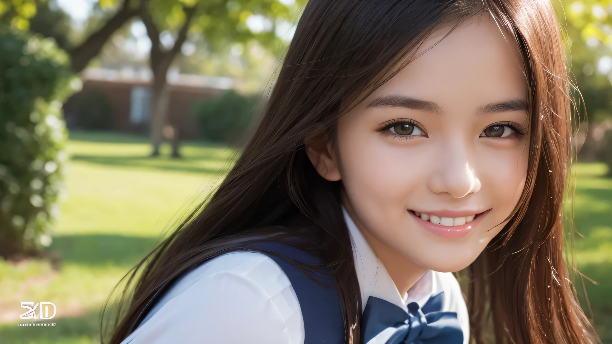 (1girl), (17yo), (young face:1.2), shy smile, (Best Quality:1.4), (Ultra-detailed), (extremely detailed beautiful face), Amazing face and eyes, brown eyes, (highly detailed Beautiful face), (high school uniform:1.2), (extremely detailed CG unified 8k wallpaper), Highly detailed, High-definition raw color photos, Professional Photography, Realistic portrait, Extremely high resolution, cute smiling, green park, bench
