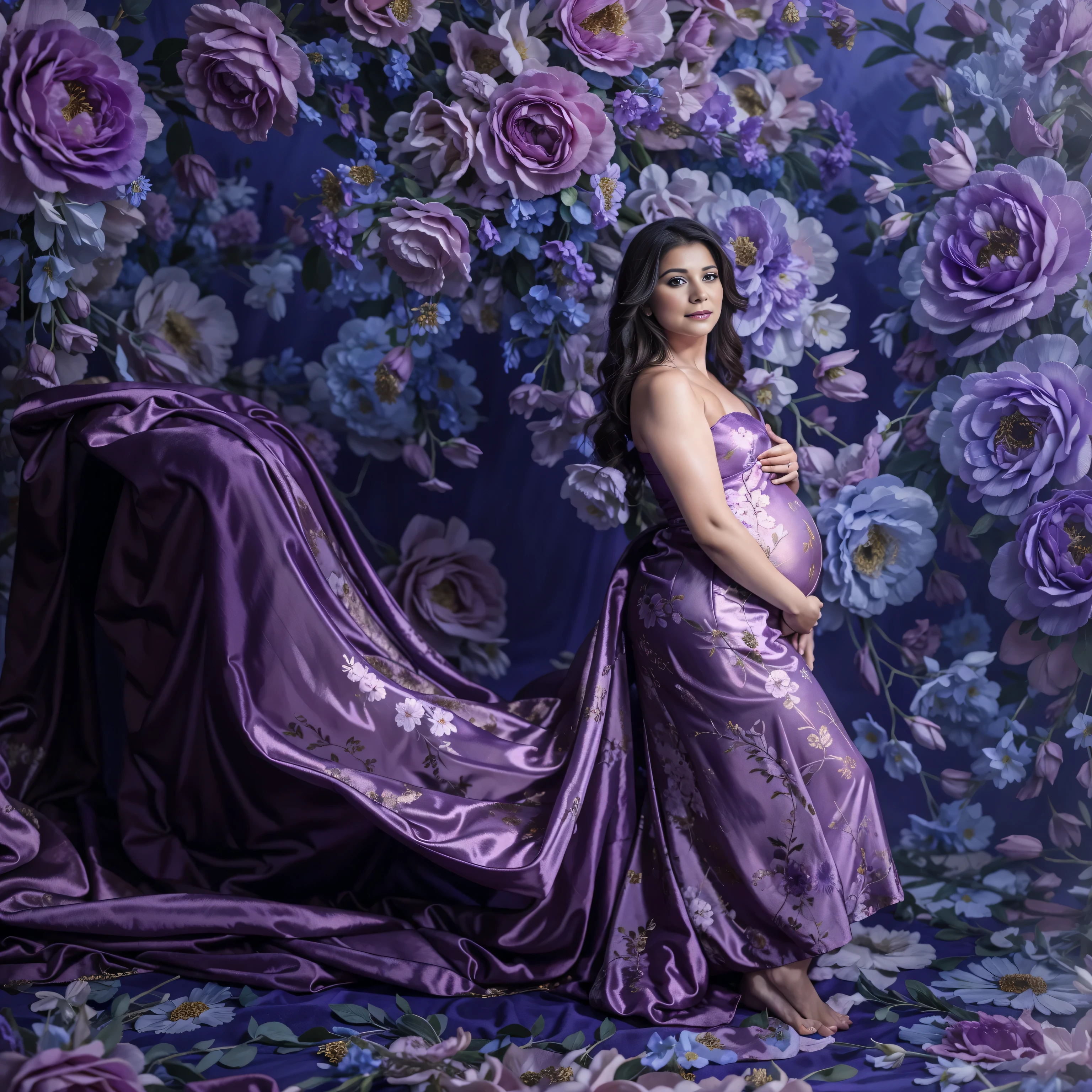 pregnant woman in purple dress posing in front of floral backdrop, draped in purple, maternal photography 4 k, draped in velvet and flowers, draped in silky purple and gold, award winning studio photo, draped in purple and gold silk, garbed in a purple gown, full body portrait shot, full body photoshoot, jacqueline e, full length shot, wearing pink floral gown