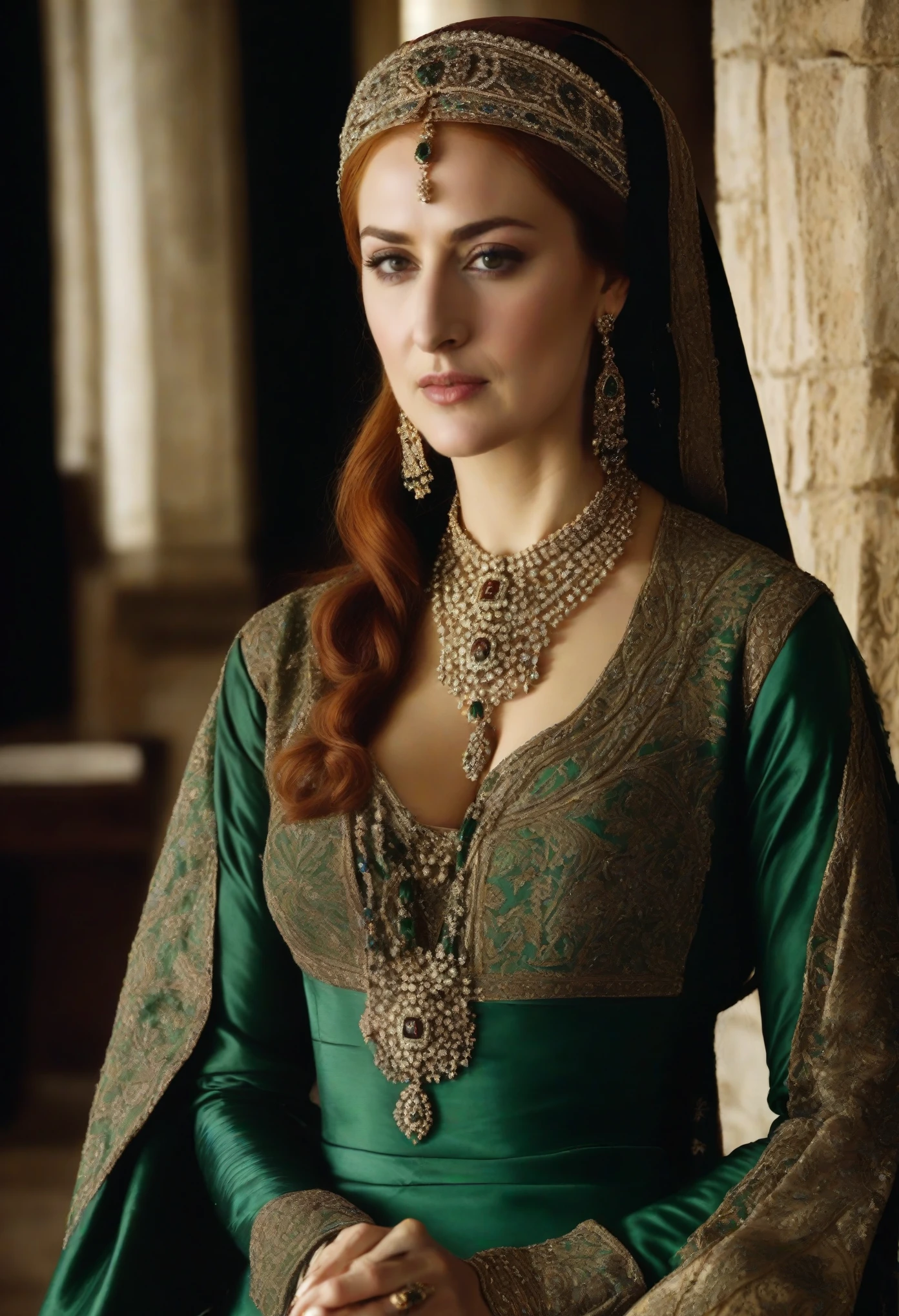 Middle Ages, Sultana Hurrem, Cabelos ruivos, russa, wife of sultan suleiman, linda, de vestido caro, coroa e um anel verde, sentada