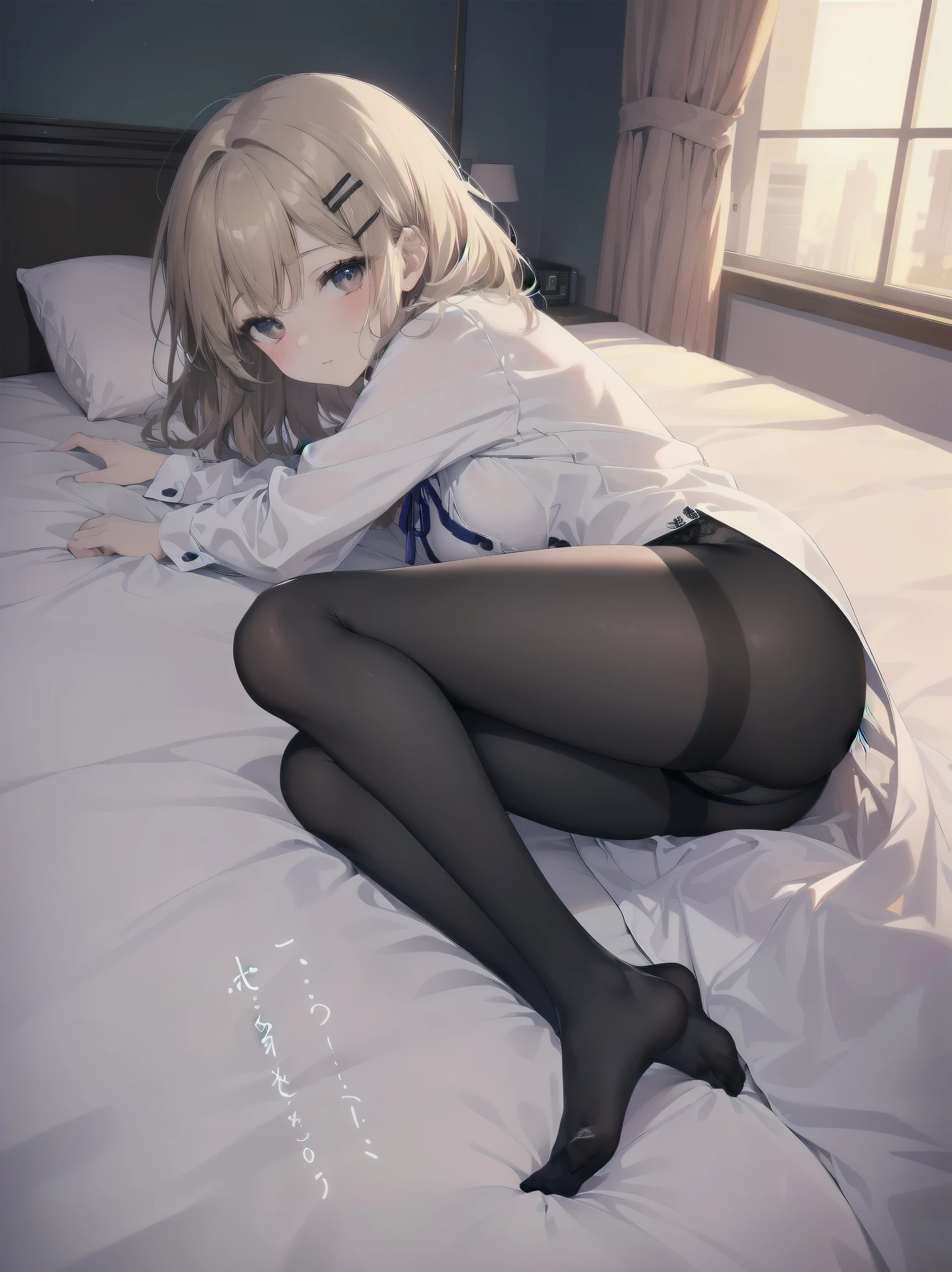 highest quality, masterpiece, Extremely detailed, (full body shot), Front view, symmetry, mature japanese , alone, (alone: 1.3), thin legs, whole body from head to toe, From above, sitting, M-shaped spread legs, look at the viewer: 1.3), small breasts, (Black sheer detail material and shiny tights): 1.2), Underwear made of white silk lace fabric through tights, very beautiful 17 year old girl, I don't have shoes, (blush: 1.3), shy big eyes, (short (brown hairy area), (bangs), messy hair, (hair clip), Lying on white sheets, I'm watching you: 1.3), look at the camera, You can see the white silk lace underwear, white lingerie, high blazer, high white blouse, high blue ribbon, High plaid and navy pleated skirt, break (pose to seduce a man: 1.3), (Charming genius girl:1.5), (Best lighting by famous artists: 1.2), 8K, ((Guidance on performing captivating poses by famous masters: 1.6)), ((thighs spread from side to side: 1.35)), ((deep い is written in the depth of the world:1.5)),