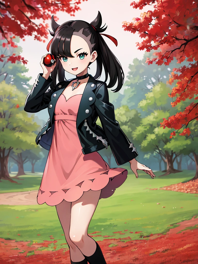 masterpiece, best quality, highres, marnie, aqua eyes, black choker, red ribbon, pink dress, jewelry, black jacket, open clothes, long sleeves, cowboy shot, standing,  Forest, holding poke ball, poke ball \(basic\), smile, open mouth,