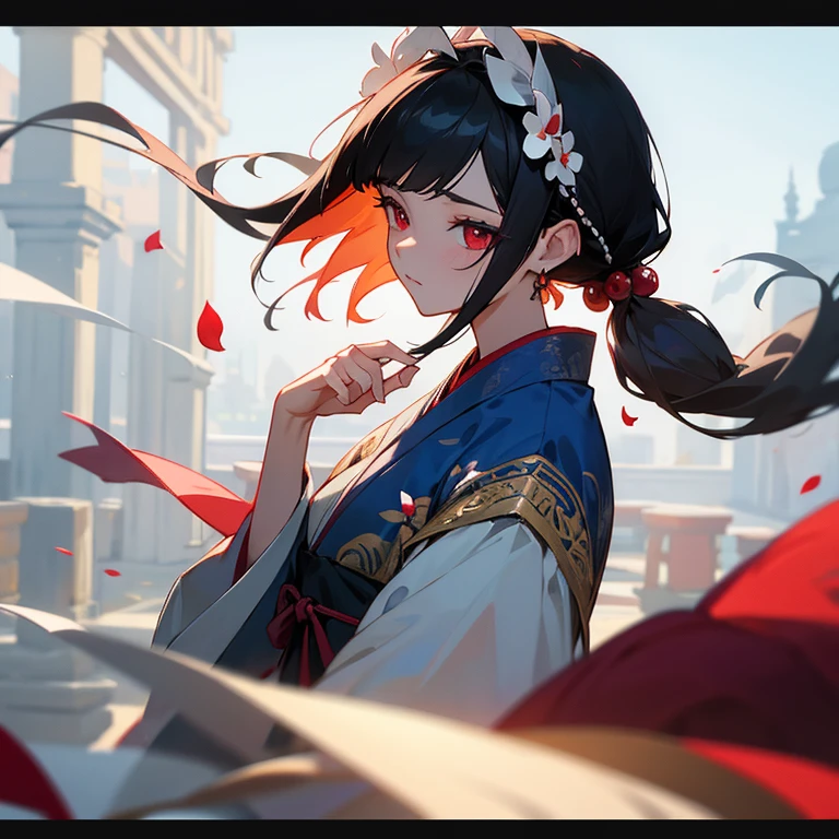 Black hair, red eyes, Floating hair, scar on face, delicate and Flexible eyes, intricate brocade hanFu, De magnifiques accessoires, Porter des boucles d'oreilles en perles, champ de vision, F/1.8, chef-d'artwork, architecture de style chinois ancien, ciel bleu, Flower petals Flying, Front portrait shot, Changement, side lighting, Sunlight shines on people
