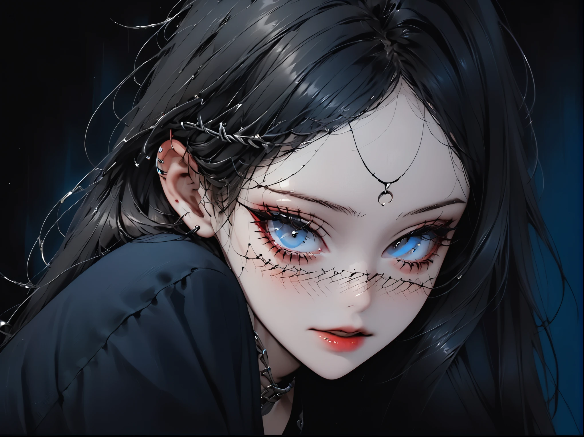 Hermosa joven de pelo blanco con penetrantes ojos rojo y azul, media sonrisa con labios carnosos, black nails, barbed wires everywhere(coiled black barbed wires),read eyes,blue eyes, (ojos diferentes), (heterochromia)
