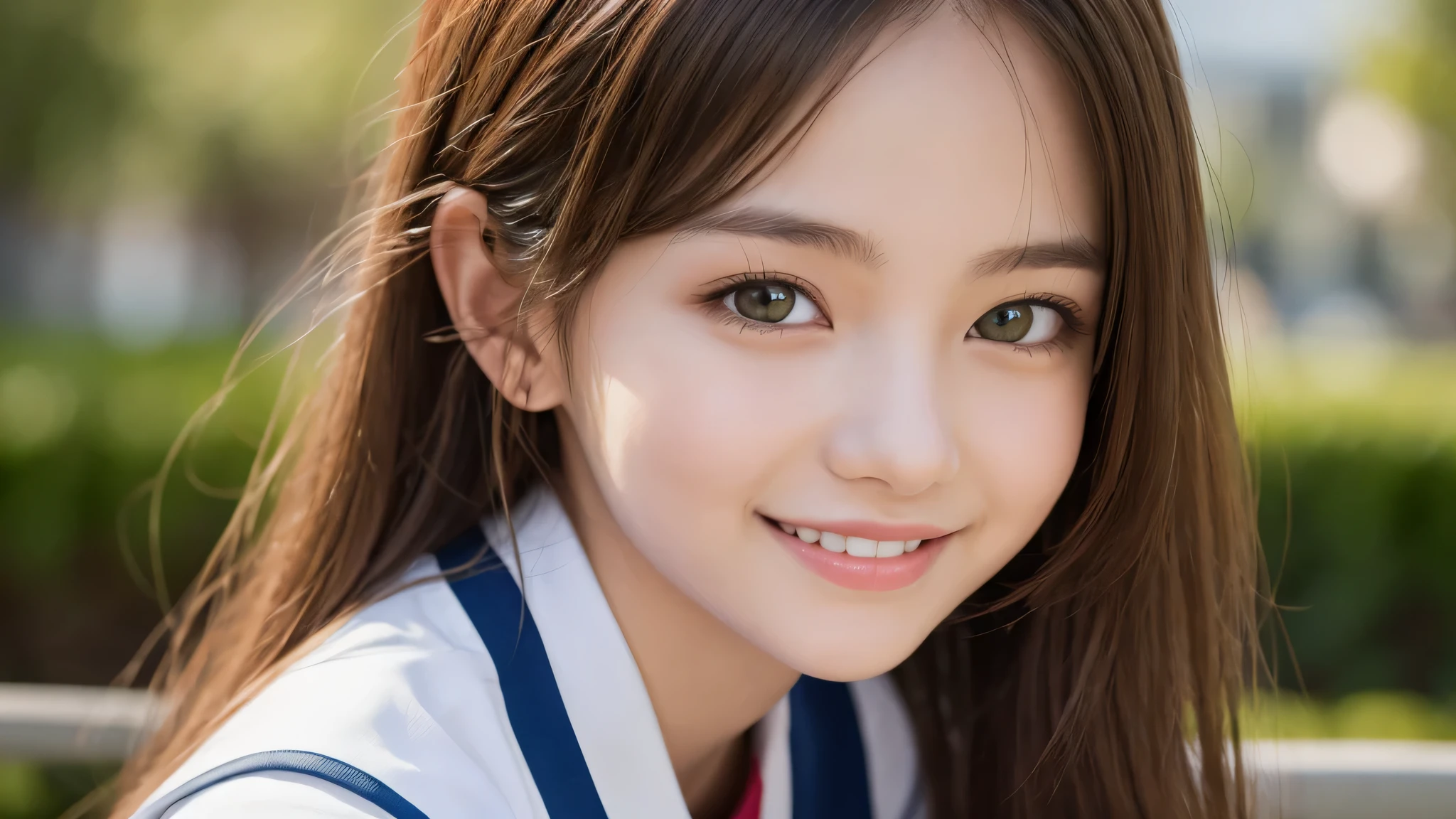 (1girl), (17yo), (young face:1.2), shy smile, (Best Quality:1.4), (Ultra-detailed), (extremely detailed beautiful face), Amazing face and eyes, brown eyes, (highly detailed Beautiful face), (high school uniform:1.2), (extremely detailed CG unified 8k wallpaper), Highly detailed, High-definition raw color photos, Professional Photography, Realistic portrait, Extremely high resolution, cute smiling, green park, bench