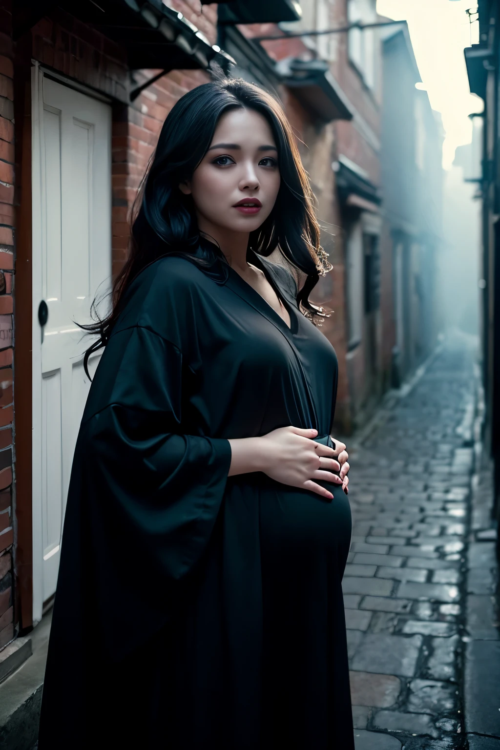 (highest quality、masterpiece、8K、best image quality、hyper realism、Award-winning work)、(1 pregnant woman:1.1)、45 year old mature woman、wrinkled face、(Dressed in a fine black robe:1.1)、emphasize body line、(eerie midnight:1.1)、(Spooky street in the dark midnight:1.2)、(Creepy and scary narrow alley in the middle of the night:1.1)、(Spooky alley streetscape detailed background:1.1)、(Creepy dark alley with cobblestone pavement:1.1)、(The exterior of a majestic and majestic building:1.1)、Spooky fog、Dark Fog、(pitch black night:1.2)、accurate anatomy、perfect makeup、(a sad expression looking at me:1.1)、long eyelashes、glossy lips、Ultra high definition glossy skin、(Ultra-high definition bright and beautiful skin:1.1)、超高精細のglossy lips、Super high definition beautiful teeth