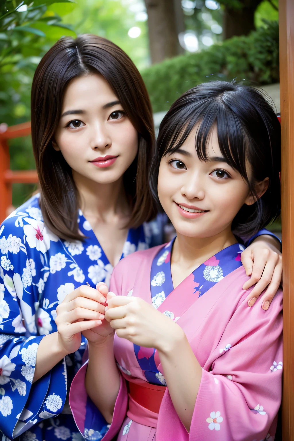 Best-quality, Masterpiece, Ultra-High-Resolution, (Photorealistic:1.4), Raw-Photo, 2girls, lesbian-couple, (15-years-old and the most popular Japanese idol,  extremely cute face like a most famous Japanese idol, extremely beautiful big-black-eyes, extremely beautiful short-hair), (38-years-old and the most popular Japanese actress, extremely beautiful face like the most famous Japanese actress, extremely beautiful big-eyes, extremely beautiful long-hair), all having a lot of fun at Japanese hot spring inn, all wearing Japanese YUKATA, detailed Japanese-YUKATA