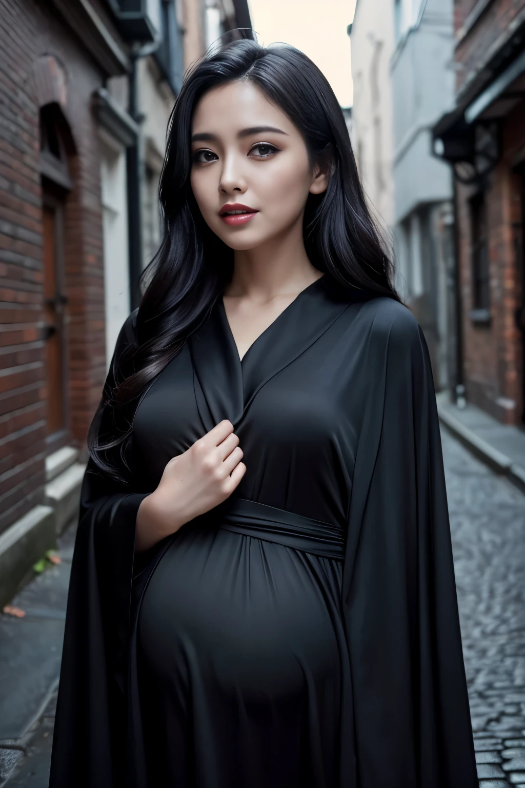 (highest quality、masterpiece、8K、best image quality、hyper realism、Award-winning work)、(1 pregnant woman:1.1)、45 year old mature woman、wrinkled face、(Dressed in a fine black robe:1.1)、(upper body photo:1.2)、emphasize body line、(eerie midnight:1.1)、(Spooky street in the dark midnight:1.2)、(Creepy and scary narrow alley in the middle of the night:1.1)、(Spooky alley streetscape detailed background:1.1)、(Creepy dark alley with cobblestone pavement:1.1)、(The exterior of a majestic and majestic building:1.1)、Spooky fog、Dark Fog、(pitch black night:1.2)、accurate anatomy、perfect makeup、(a sad expression looking at me:1.1)、long eyelashes、glossy lips、Ultra high definition glossy skin、(Ultra-high definition bright and beautiful skin:1.1)、超高精細のglossy lips、Super high definition beautiful teeth