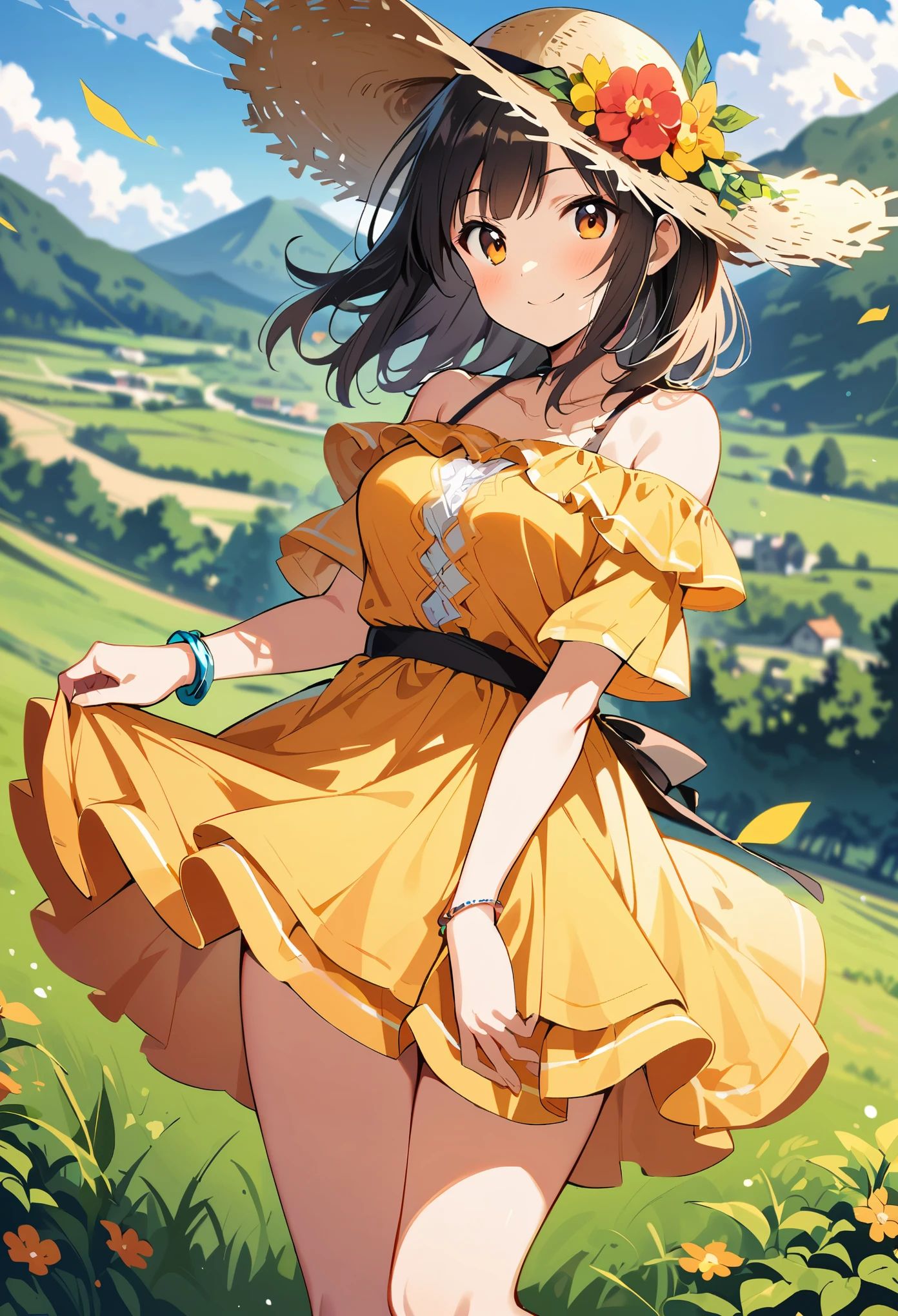 1girl, solo, shinka nibutani, medium hair, happy face, medium breasts, lace ruffle layered dress, chiffon off-shoulder sleeves dress, orange- yellow short dress, organza flower sun hat, bracelet charm on left hand, nijistyle, masterpiece, date atmosphere, happy smile, looking at viewer, hand on lower chest, cowboy shot, eye level, lady shoes, full body shot, beautiful rural, outdoor, day,