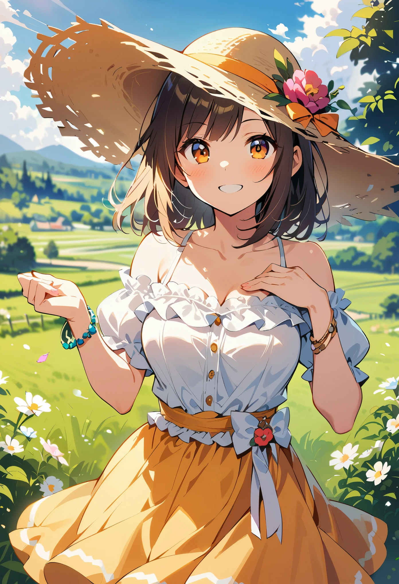 1girl, solo, shinka nibutani, medium hair, happy face, medium breasts, lace ruffle layered dress, chiffon off-shoulder sleeves dress, orange- yellow short dress, organza flower sun hat, bracelet charm on left hand, nijistyle, masterpiece, date atmosphere, happy smile, looking at viewer, hand on lower chest, cowboy shot, eye level, lady shoes, full body shot, beautiful rural, outdoor, day,