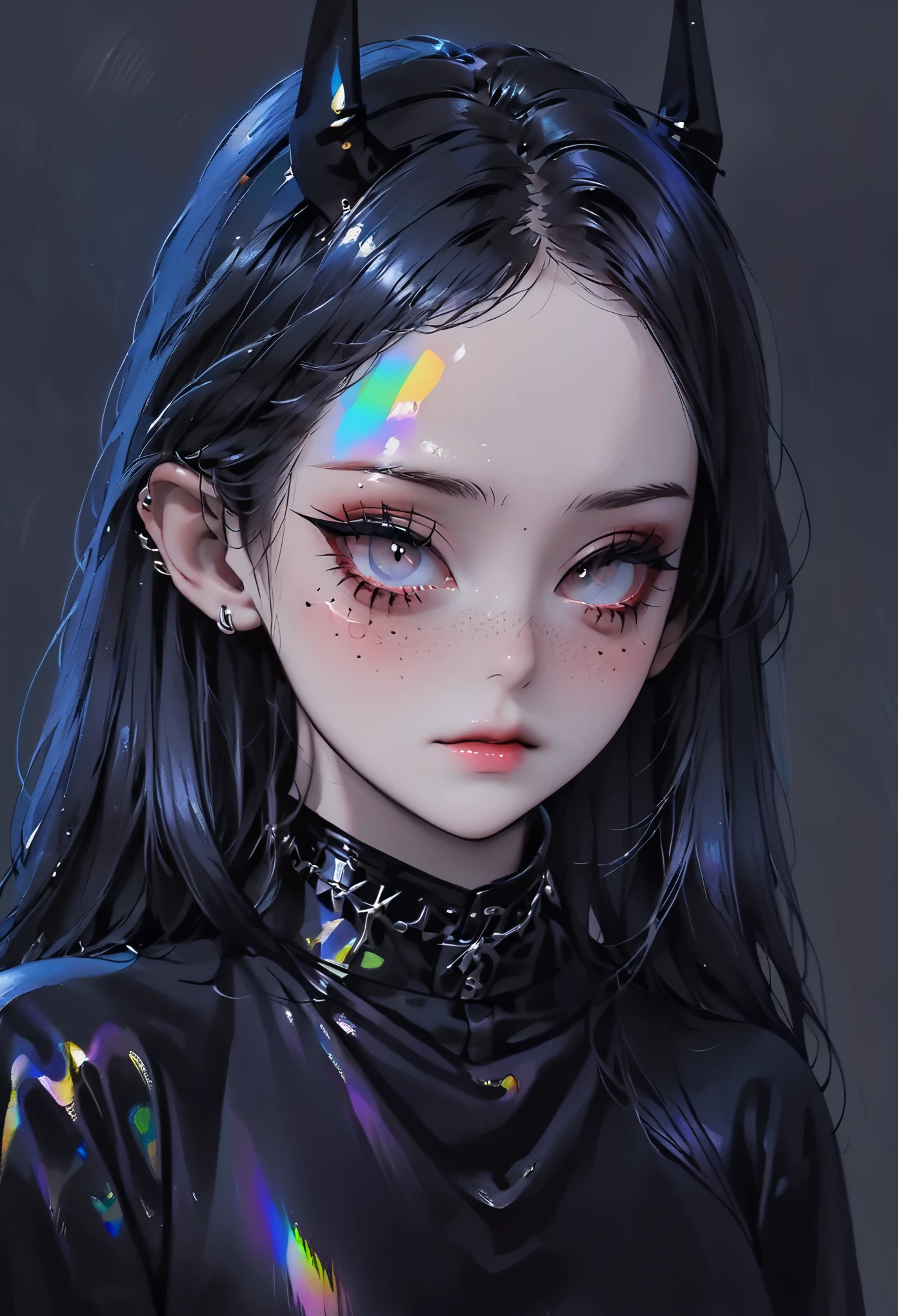 pale devil girl , ((por encima de la cintura)), disparo desde muy lejos, (largeeyes, Los ojos son delicados y hermosos., cara hermosa y delicada, detalles de cuerpo completo), (sombreado de prisma, holographic environment, chromatic:1.2) Camisa de encaje negra, Gothic background, (long right angle:1.2) Zapatillas con calcetines,