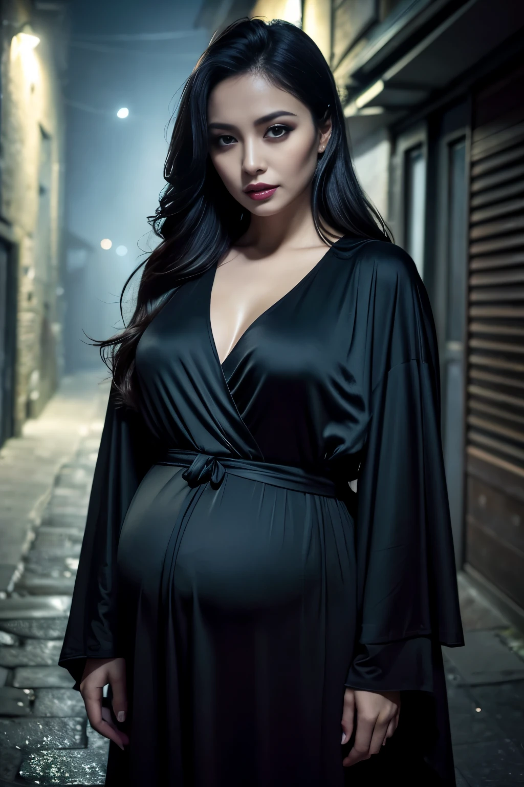 (highest quality、masterpiece、8K、best image quality、hyper realism、Award-winning work)、(1 pregnant woman:1.1)、45 year old mature woman、wrinkled face、(wrap yourself in a pitch black robe:1.1)、(upper body photo:1.2)、emphasize body line、(eerie midnight:1.1)、(Spooky street in the dark midnight:1.2)、(Creepy and scary narrow alley in the middle of the night:1.1)、(Spooky alley streetscape detailed background:1.1)、(Creepy dark alley with cobblestone pavement:1.1)、(The exterior of a majestic and majestic building:1.1)、Spooky fog、Dark Fog、indirect lighting、accurate anatomy、perfect makeup、a sad expression looking at me、long eyelashes、glossy lips、Ultra high definition glossy skin、(Ultra-high definition bright and beautiful skin:1.1)、超高精細のglossy lips、Super high definition beautiful teeth
