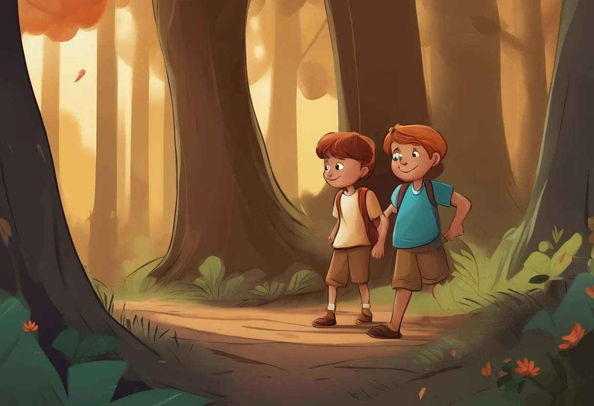 Create a comic with dialogues of two children in the forest