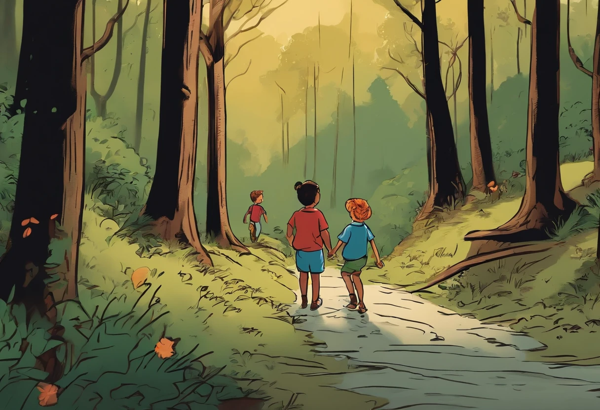 Create a comic with dialogues of two children in the forest