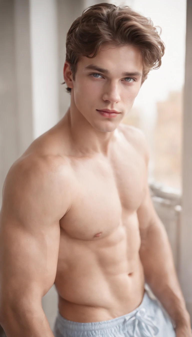 Portrait of a handsome male model, 18 years old, Shirtless, bare chested, No beard, with messy wavy hair, Super light blue eyes, thick lips, strong jaw, defined muscles, Fit, ripped body, Full body shot, Super best detail face, sweatpants, bedroom, Sexy