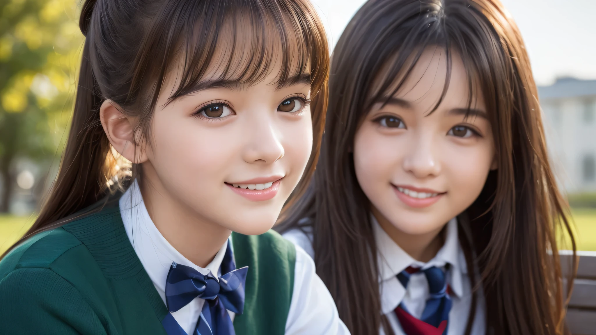 (2girls), (16yo), (young face:1.2), shy smile, (Best Quality:1.4), (Ultra-detailed), (extremely detailed beautiful face), Amazing face and eyes, brown eyes, (highly detailed Beautiful face), (high school uniform:1.2), (extremely detailed CG unified 8k wallpaper), Highly detailed, High-definition raw color photos, Professional Photography, Realistic portrait, Extremely high resolution, cute smiling, green park, bench, sitting