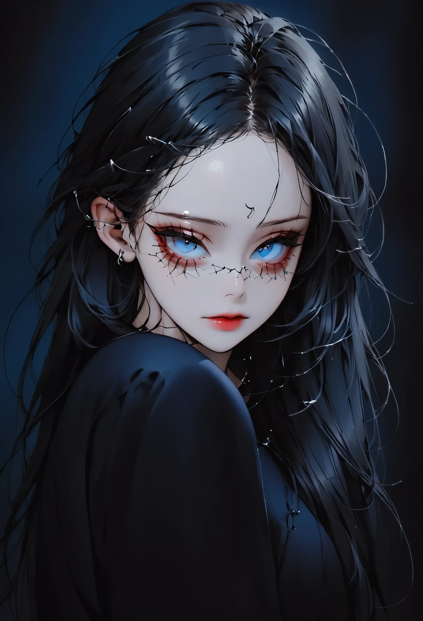 Hermosa joven de pelo blanco con penetrantes ojos rojo y azul, media sonrisa con labios carnosos, black nails, barbed wires everywhere(coiled black barbed wires),read eyes,blue eyes, (ojos diferentes), (heterochromia)