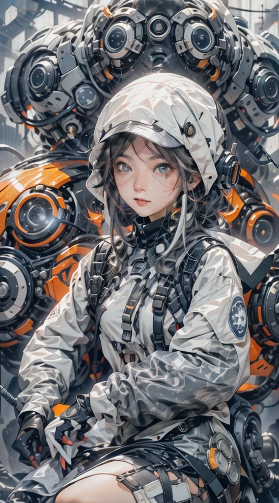 fisheye photo, 1cute girl with techwear clothes, mechanic spider, circles, fractals, 32k, uhd, 4x ultra sharp, cinematic, (art with black outline) by Yoshitaka Amano, Travis Charest