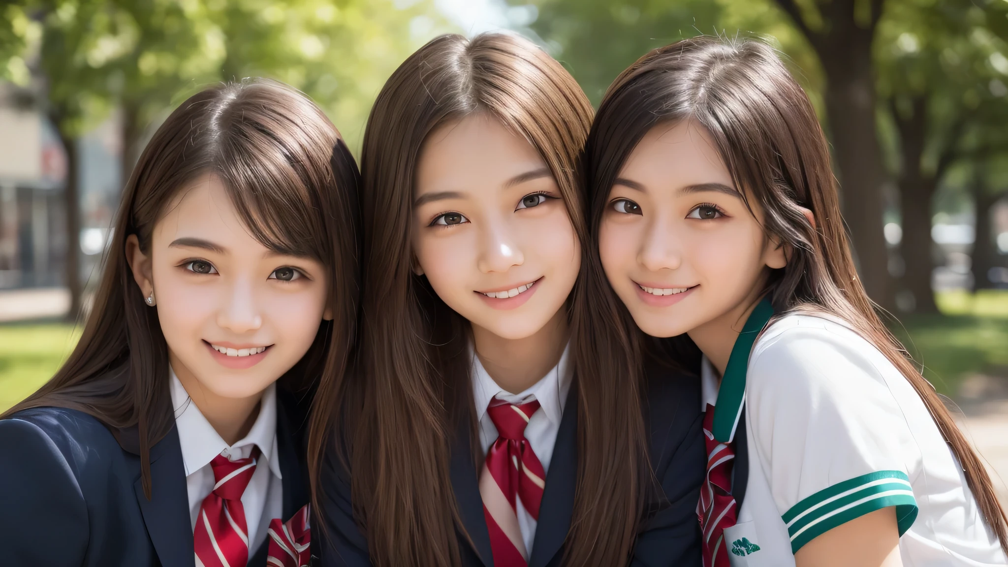 (2girls), (16yo), (young face:1.2), shy smile, (Best Quality:1.4), (Ultra-detailed), (extremely detailed beautiful face), Amazing face and eyes, brown eyes, (highly detailed Beautiful face), (high school uniform:1.2), (extremely detailed CG unified 8k wallpaper), Highly detailed, High-definition raw color photos, Professional Photography, Realistic portrait, Extremely high resolution, cute smiling, green park, sitting