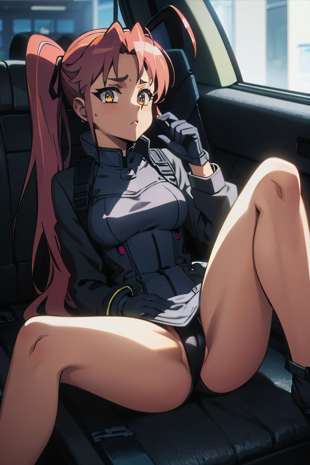 One girl, Ariana Grande, yellow_eyes, long_brown_ponytail, dark_skin, lavander_color_evangelion_suit, sitting looking at the horizon,