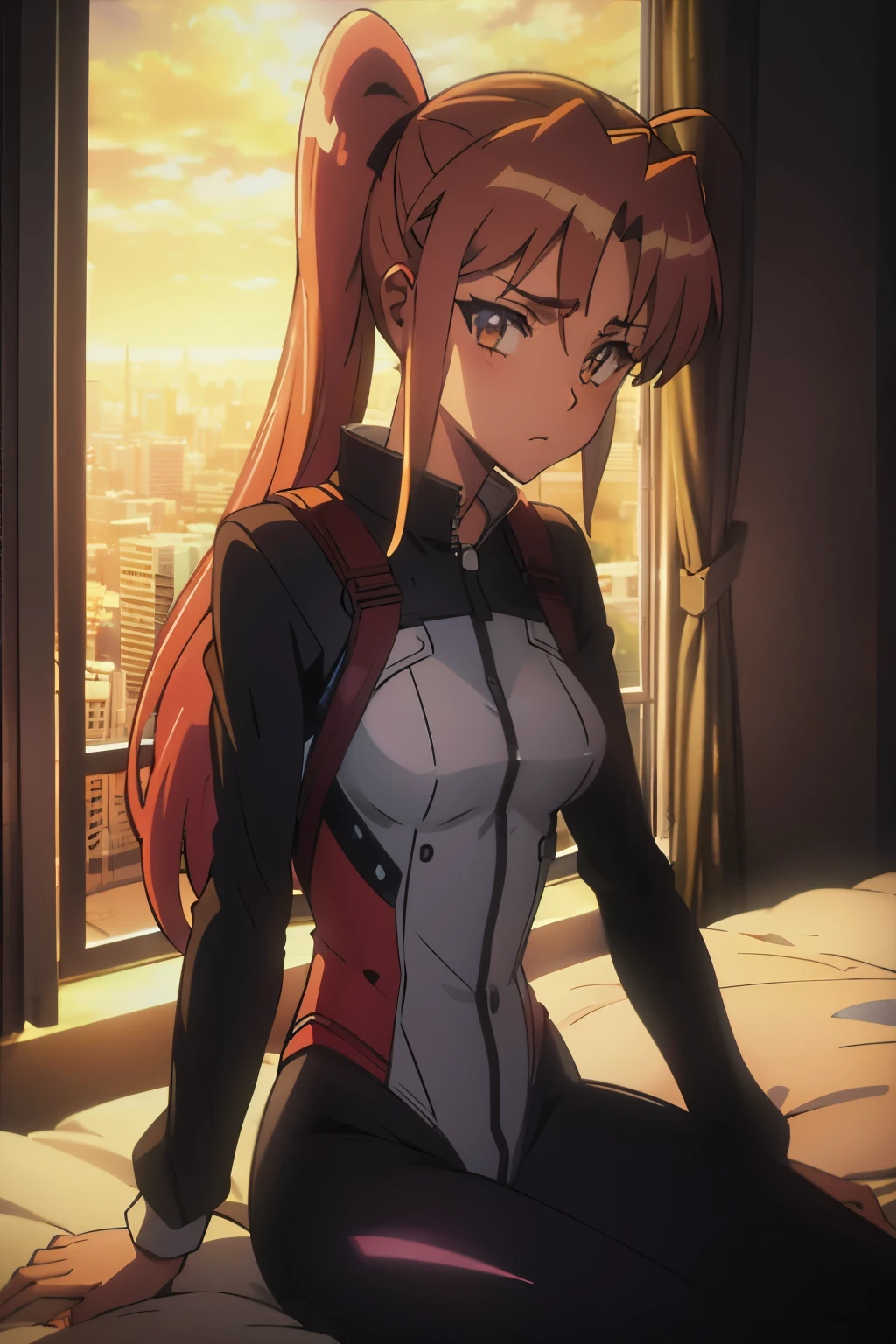 One girl, Ariana Grande, yellow_eyes, long_brown_ponytail, dark_skin, lavander_color_evangelion_suit, sitting looking at the horizon,